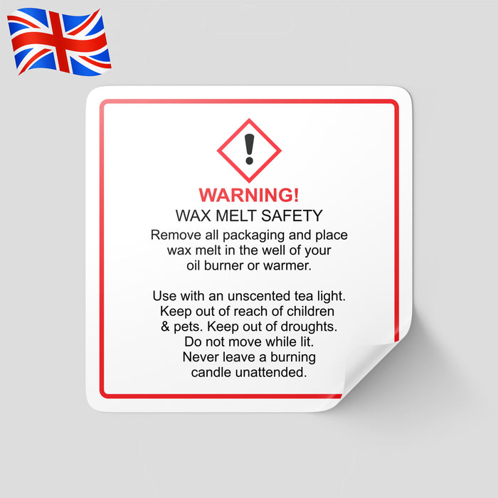 Warning label for wax melts | Safety warning label for wax melts | CLP compliant warning label for wax melts | Detailed warning label on wax melts packaging | Custom warning label for wax melts | Hazard warning label for wax melts | Wax melts packaging with safety warning label